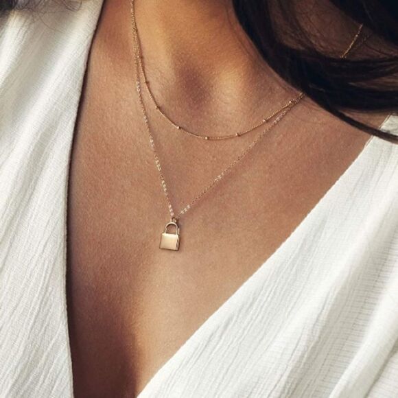 Gold padlock necklace layering Chains set - Picture 1 of 7
